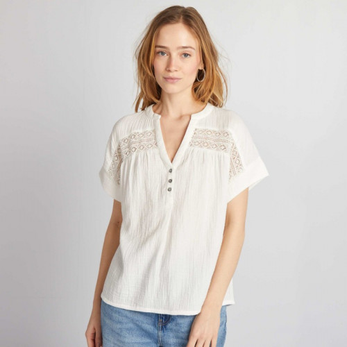 Blouse à manches courtes en gaze de coton - Blanc