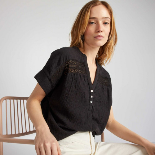 Blouse à manches courtes en gaze de coton - Noir