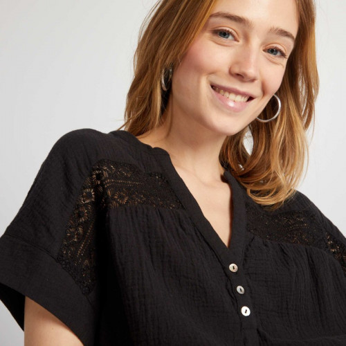 Blouse à manches courtes en gaze de coton - Noir