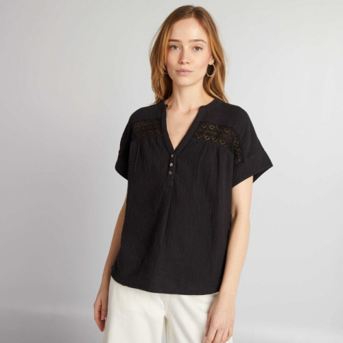 Blouse à manches courtes en gaze de coton - Noir