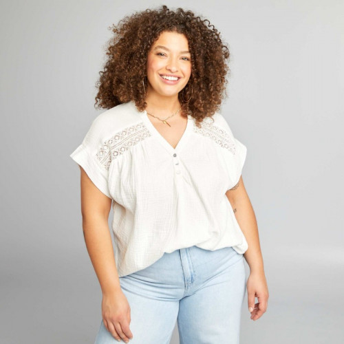 Blouse en gaze de coton à manches courtes - Blanc