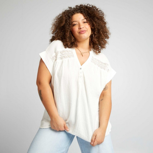 Blouse en gaze de coton à manches courtes - Blanc