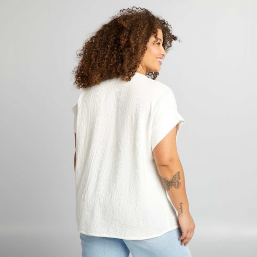 Blouse en gaze de coton à manches courtes - Blanc