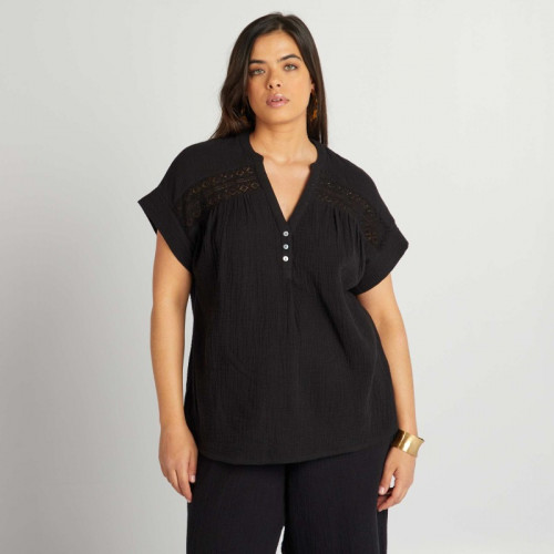 Blouse en gaze de coton à manches courtes - Noir