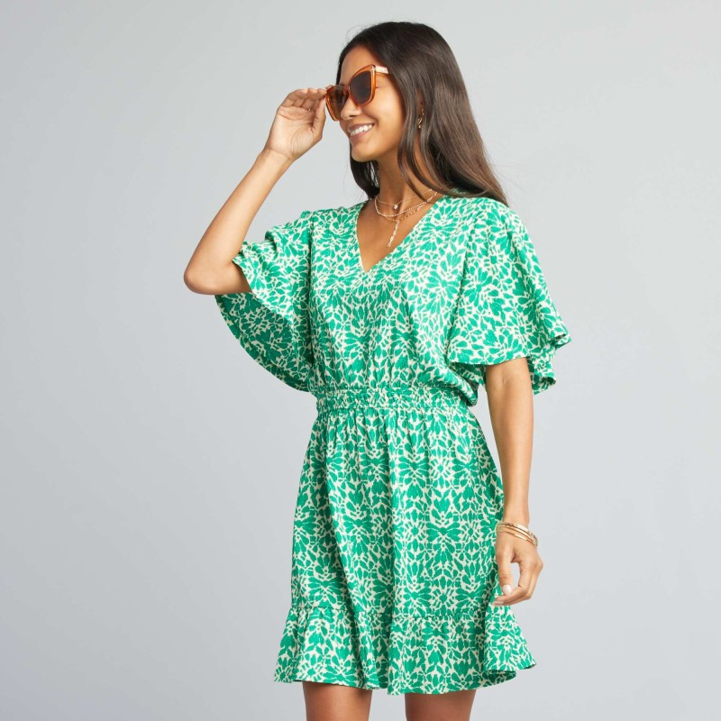 Robe courte imprimée à volant - Vert