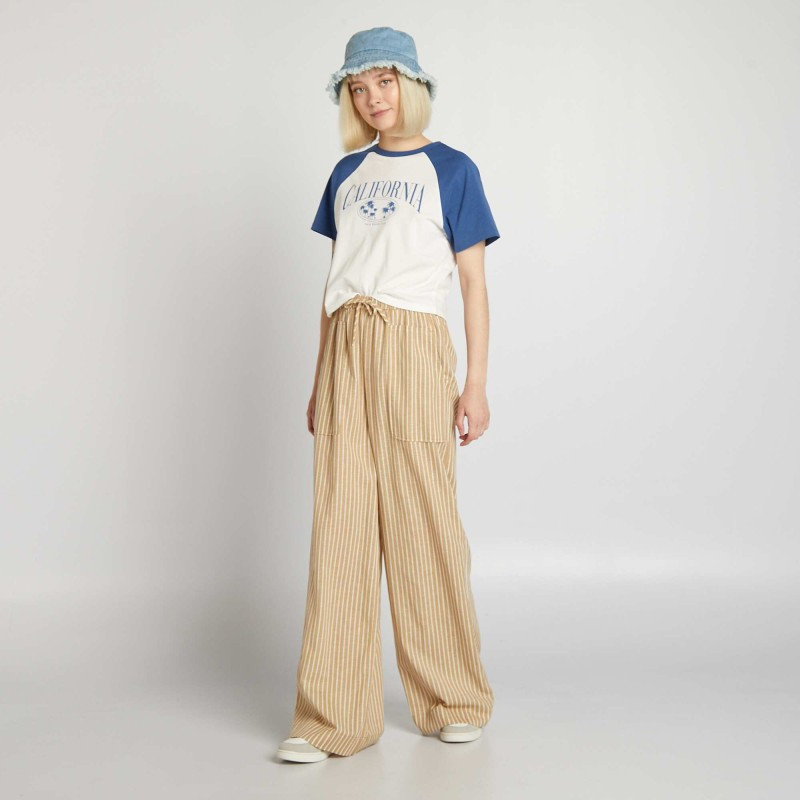 Pantalon en lin large - Beige/blanc