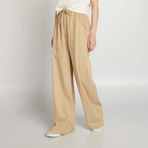 Pantalon en lin large - Beige/blanc