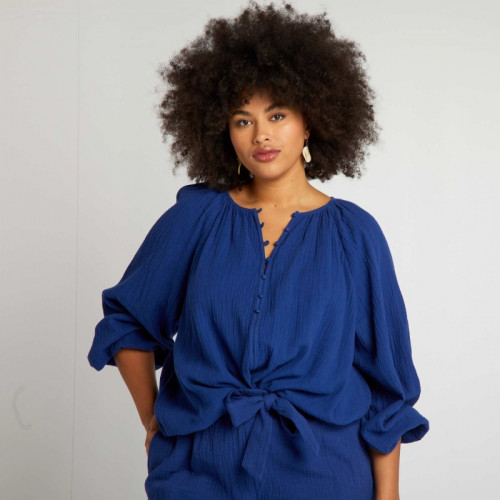 Blouse unie en gaze de coton - Bleu