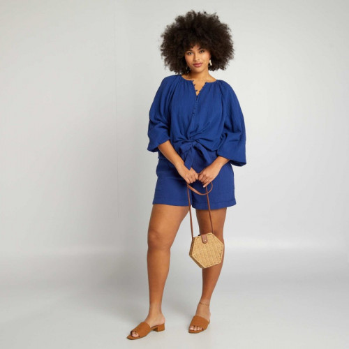 Blouse unie en gaze de coton - Bleu