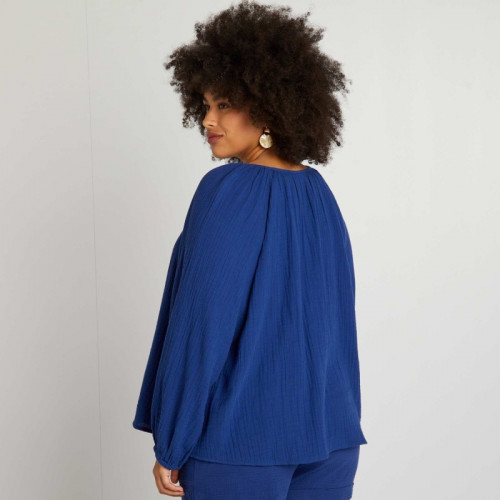 Blouse unie en gaze de coton - Bleu