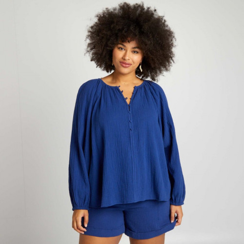 Blouse unie en gaze de coton - Bleu