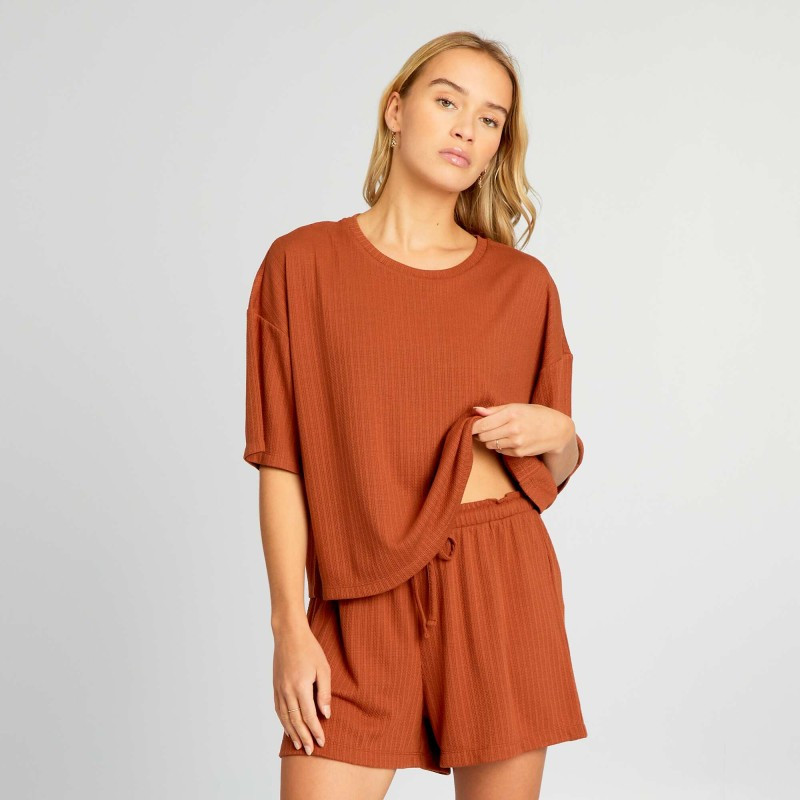 Pyjama short en maille fluide douce - Marron