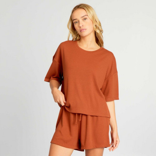 Pyjama short en maille fluide douce - Marron