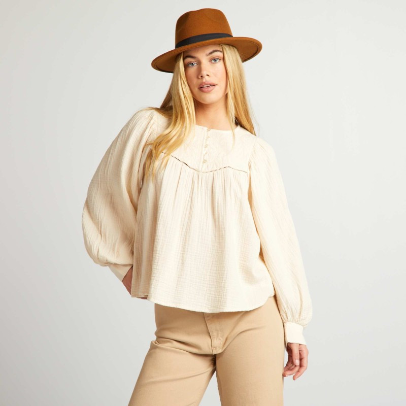 Blouse en gaze de coton avec broderie - Beige