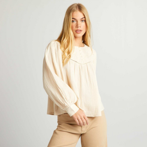 Blouse en gaze de coton avec broderie - Beige