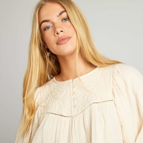 Blouse en gaze de coton avec broderie - Beige