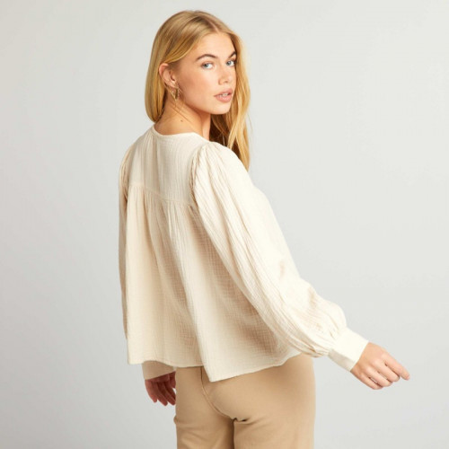 Blouse en gaze de coton avec broderie - Beige