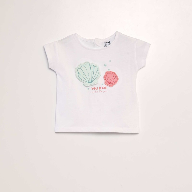 T-shirt imprimé 'Fleu' + animation en relief - Blanc coquillage