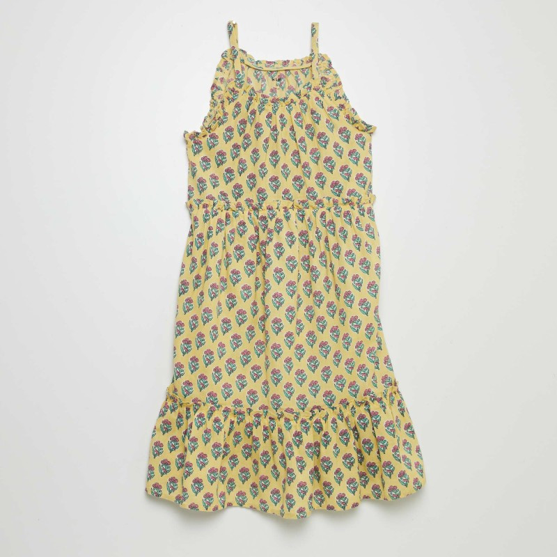 Robe corolle à motif avec base volantées - Jaune