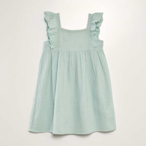 Robe en double gaze de coton + broderie - Bleu