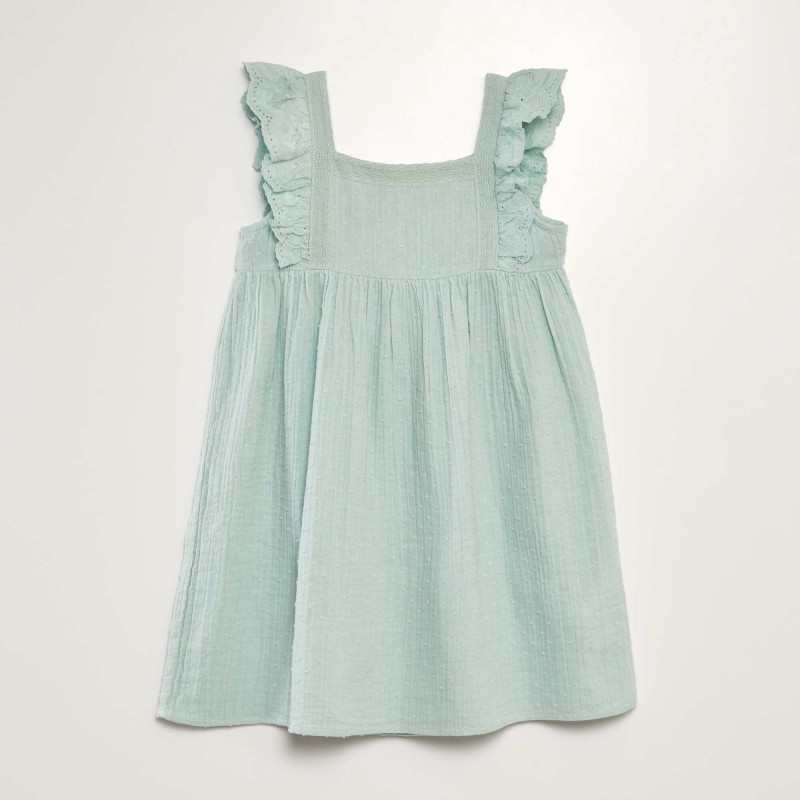 Robe en double gaze de coton + broderie - Bleu