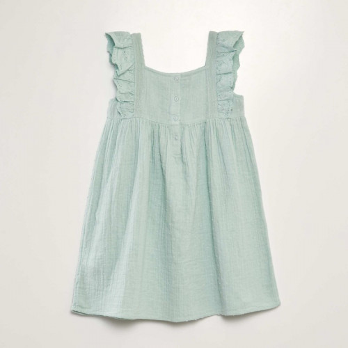 Robe en double gaze de coton + broderie - Bleu