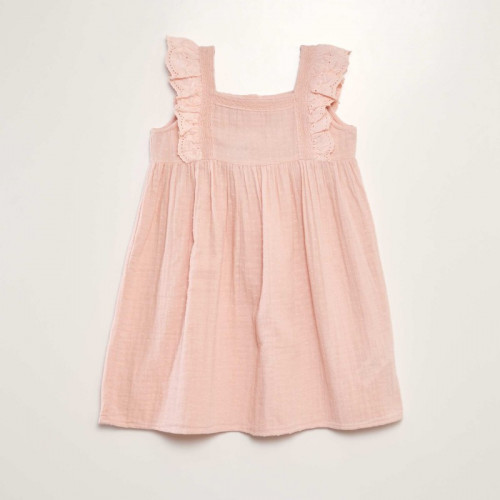 Robe en double gaze de coton + broderie - Rose