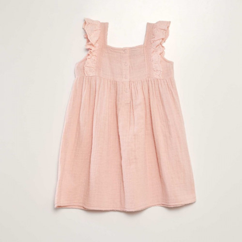 Robe en double gaze de coton + broderie - Rose