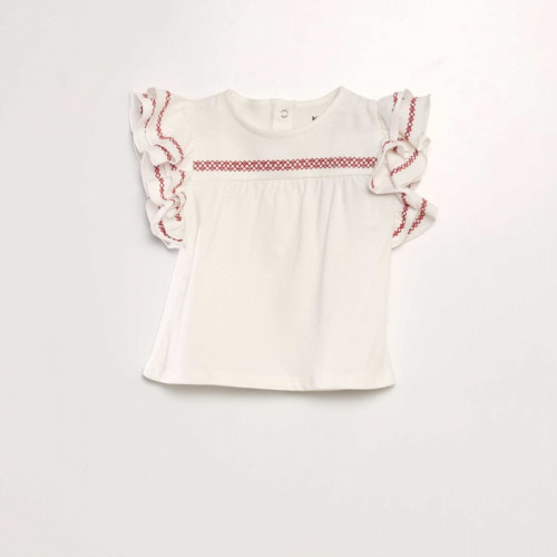 T-shirt avec volants aux emmanchures - Blanc/rouge