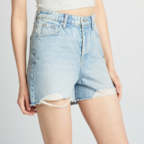 Short en jean destroy à taille haute - Bleu