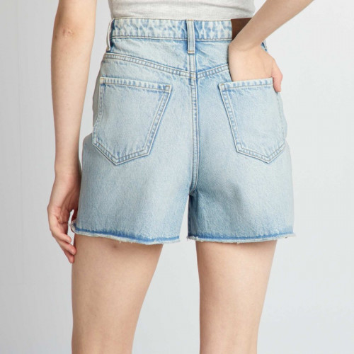 Short en jean destroy à taille haute - Bleu