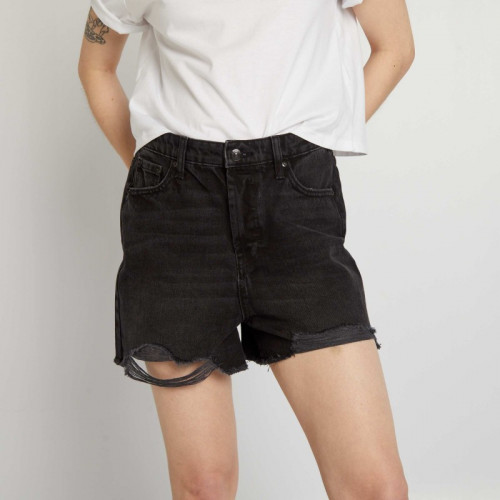 Short en jean destroy à taille haute - Noir