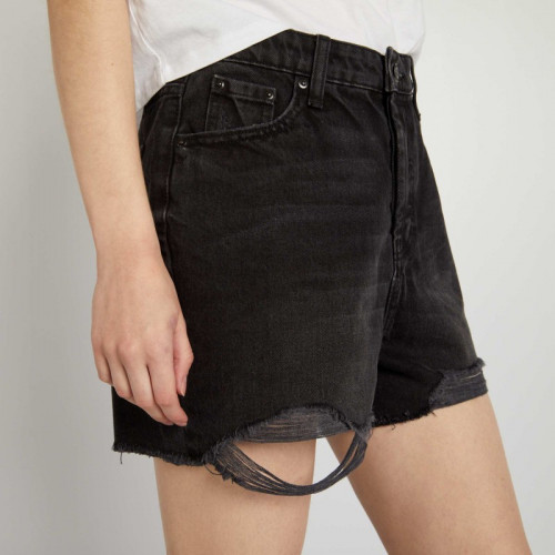 Short en jean destroy à taille haute - Noir