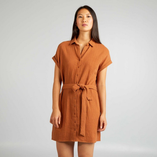 Robe courte forme chemise en double gaze de coton - Marron