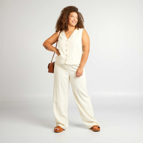 Pantalon large à taille élastiquée - Beige