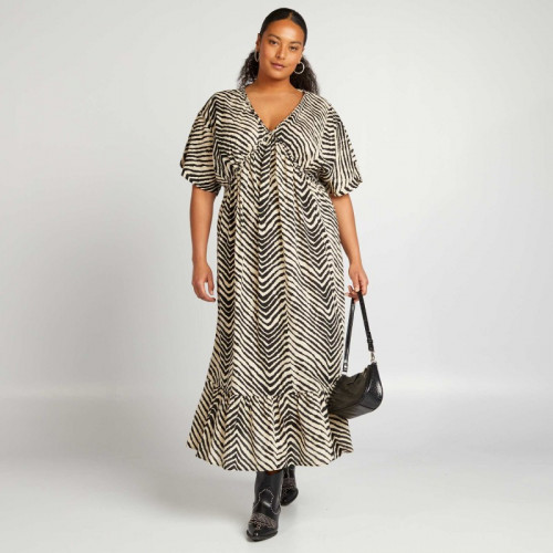 Robe longue unie avec base à étages - Noir zébré