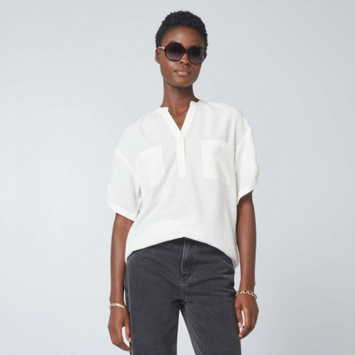 Blouse rayée en lin mélangé - Blanc