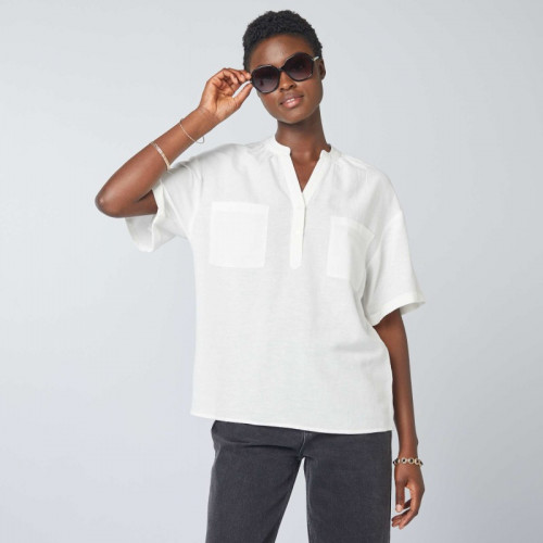 Blouse rayée en lin mélangé - Blanc