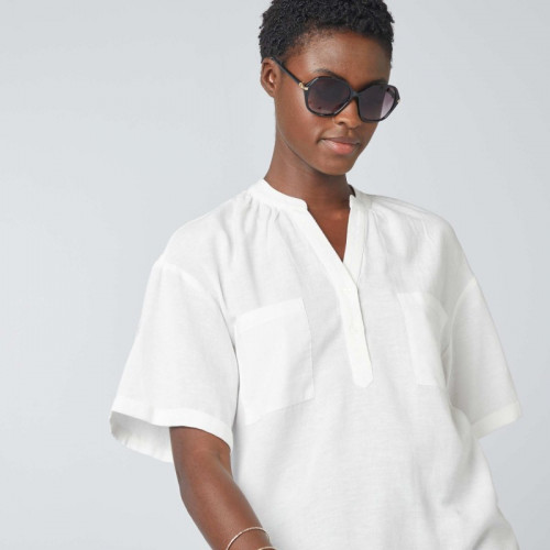 Blouse rayée en lin mélangé - Blanc