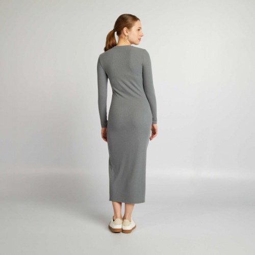 Robe longue en maille côtelée - Gris