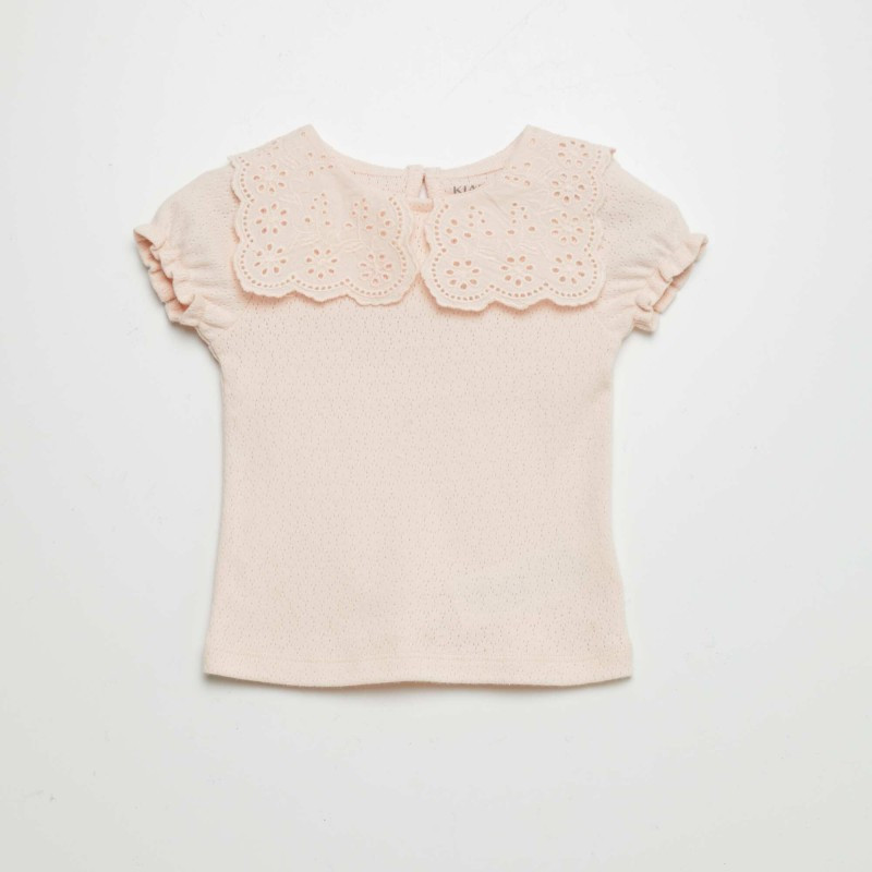 T-shirt en maille pointelle avec col claudine - Rose