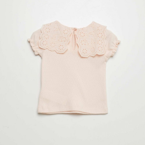 T-shirt en maille pointelle avec col claudine - Rose