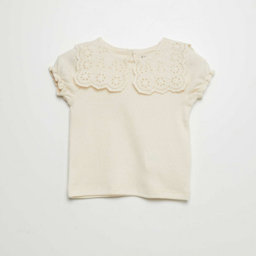 T-shirt en maille pointelle avec col claudine - Beige