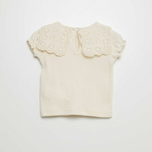 T-shirt en maille pointelle avec col claudine - Beige