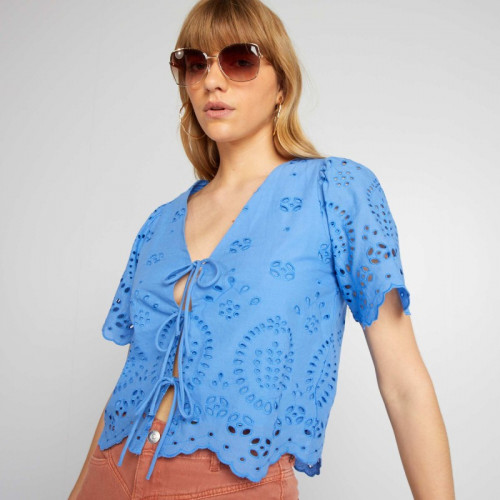 Blouse brodée à nœuds devant - Bleu