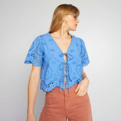 Blouse brodée à nœuds devant - Bleu