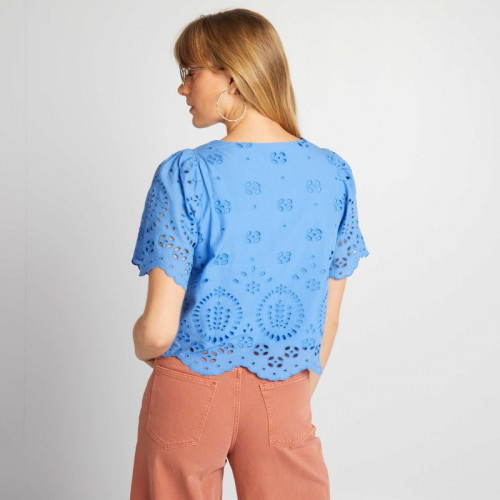 Blouse brodée à nœuds devant - Bleu