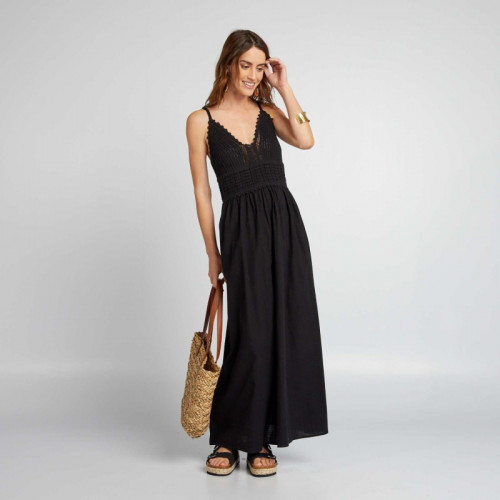 Robe longue évasée en macramé - Noir