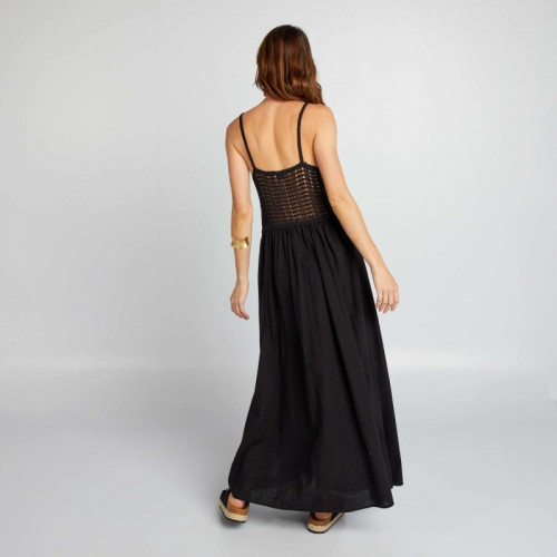 Robe longue évasée en macramé - Noir