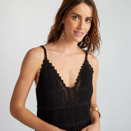 Robe longue évasée en macramé - Noir